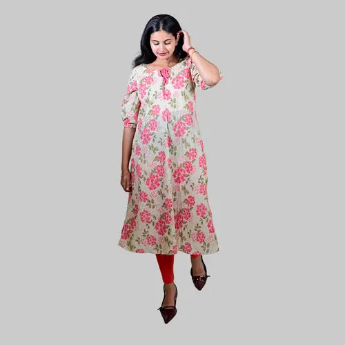 HALF WHITE WITH PEACH FLOWER KURTI